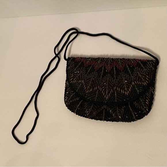 VINTAGE HANDMADE BAG CROSSBODY SHOULDER BEADED BLACK BROWN GOLD RED LONG STRAP - Picture 3 of 14